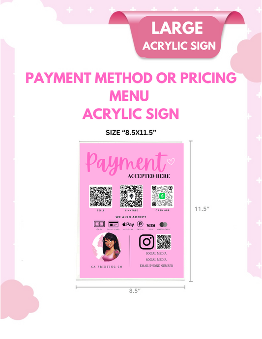 Payment method / pricing menu acrylic sign